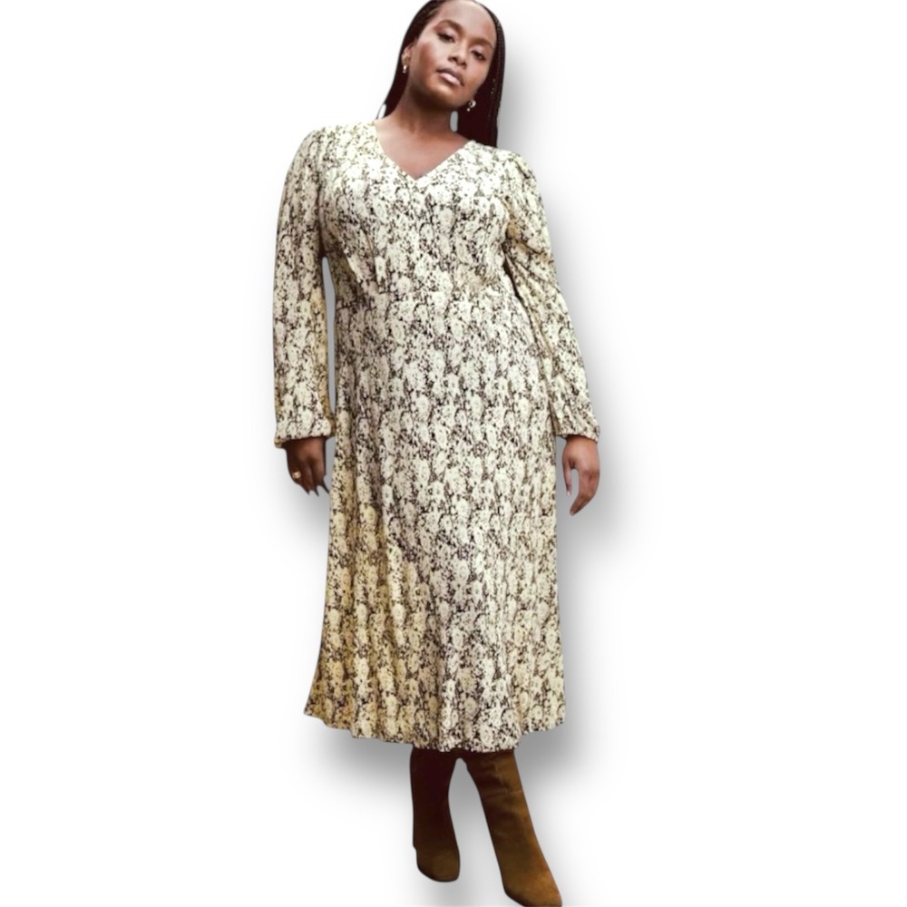 Mango Cream Black Floral Textured Midi Dress Long Sleeve Autumn Wedding Guest